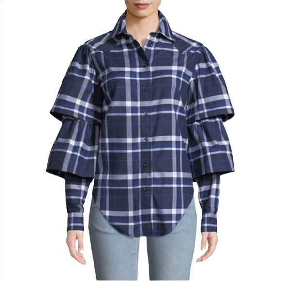 VICTORIA / TOMAS Ruffle-Sleeve Plaid Button-Down Top - Picture 1 of 6